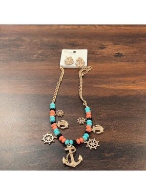 Anchor and Wheel Necklace Set - Turquoise & Coral colors , approximately 17" New
